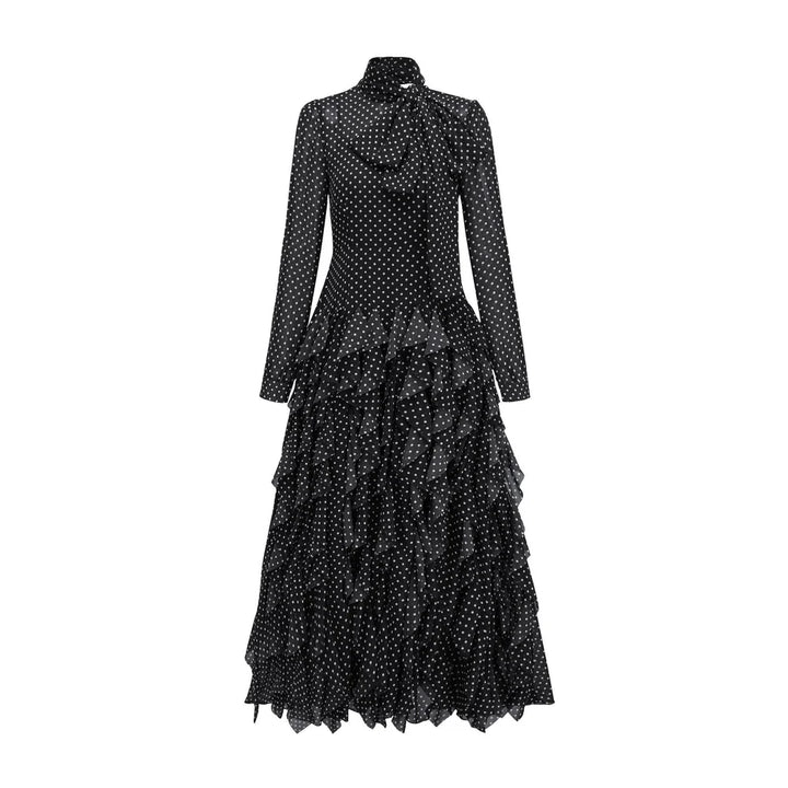 polka-dot chiffon maxi dress with tie-neck and tiered ruffles – ISOLDE