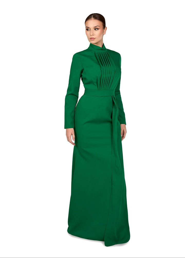 Pleated chest with long sleeves green dress-Govan