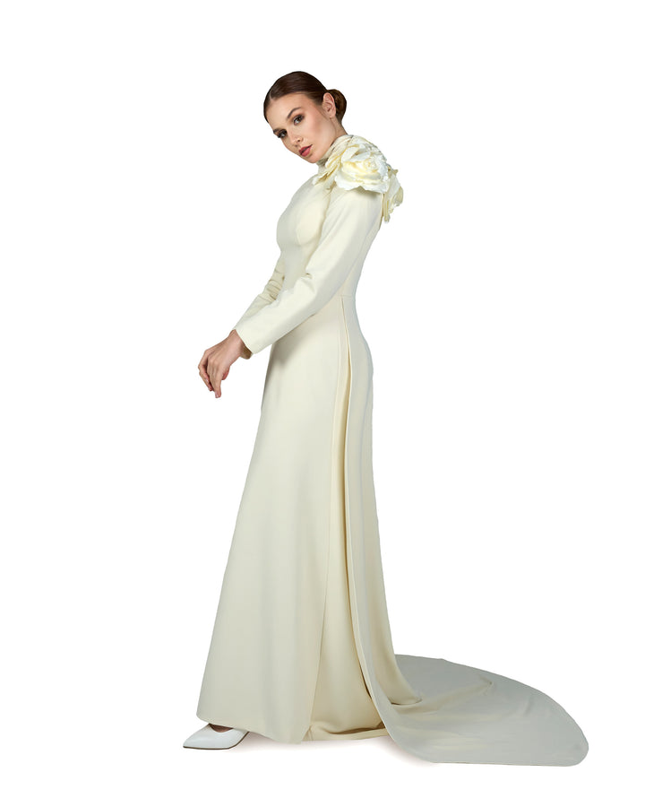 long sleeve dress with crumpled high neck and 3D flowers-Ghadah