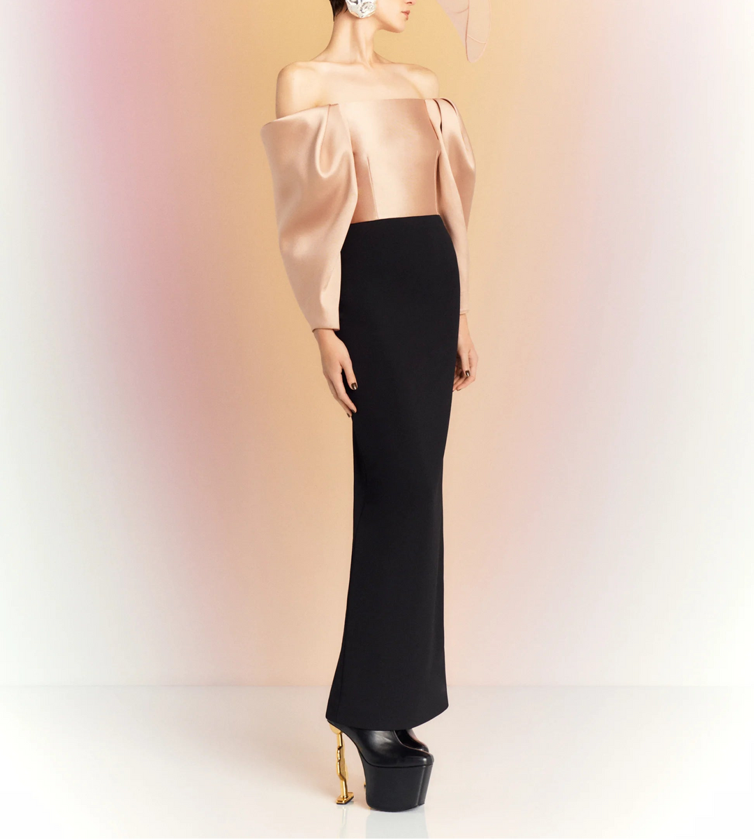 off-shoulder column dress with sculpted draped sleeves – MELINA