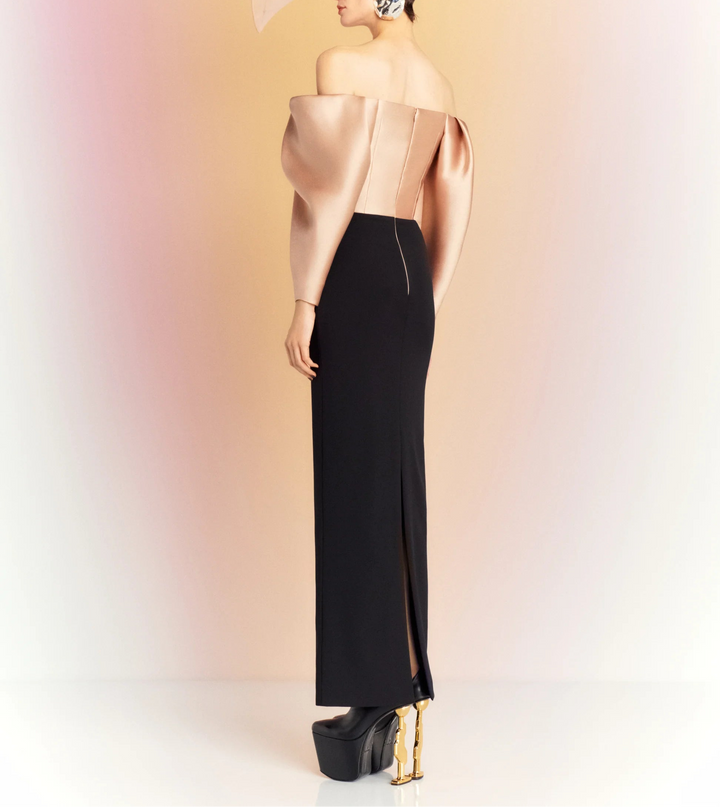 off-shoulder column dress with sculpted draped sleeves – MELINA