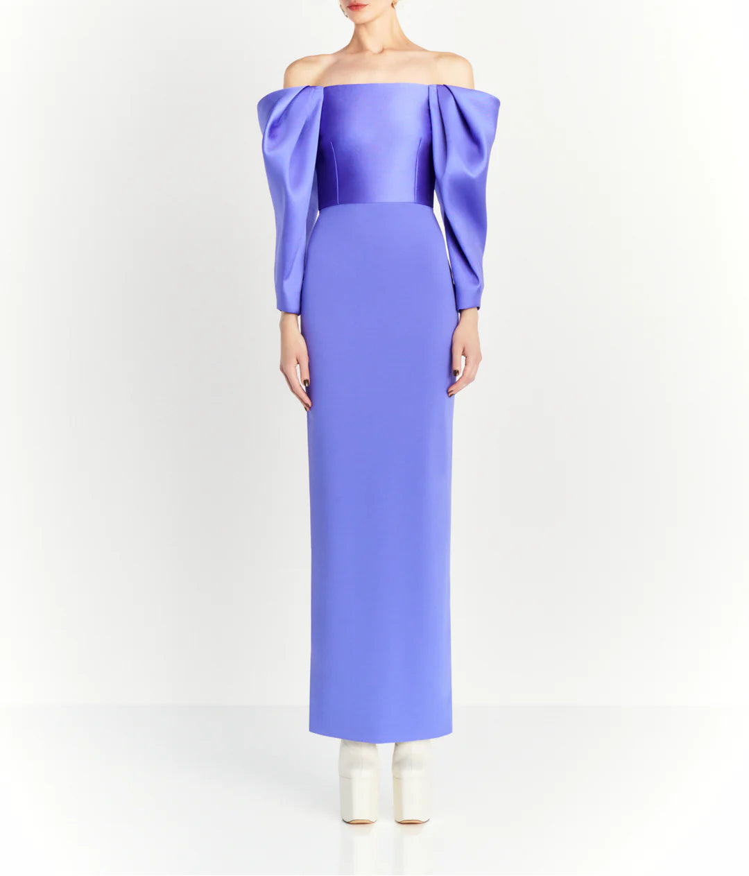 off-shoulder column dress with sculpted draped sleeves – MELINA