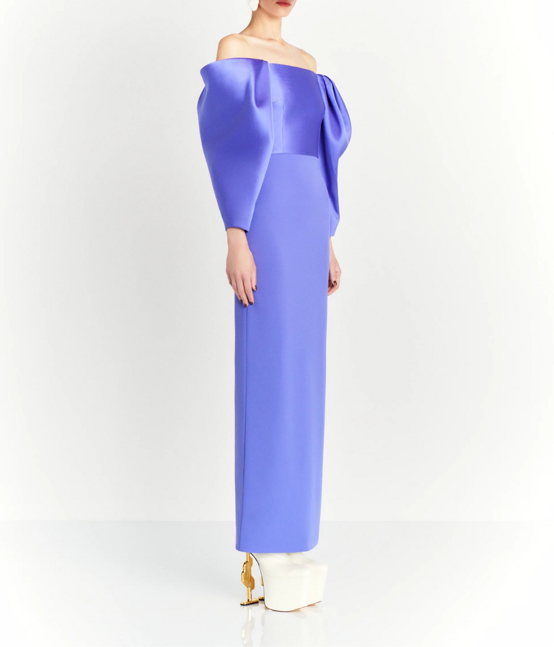 off-shoulder column dress with sculpted draped sleeves – MELINA