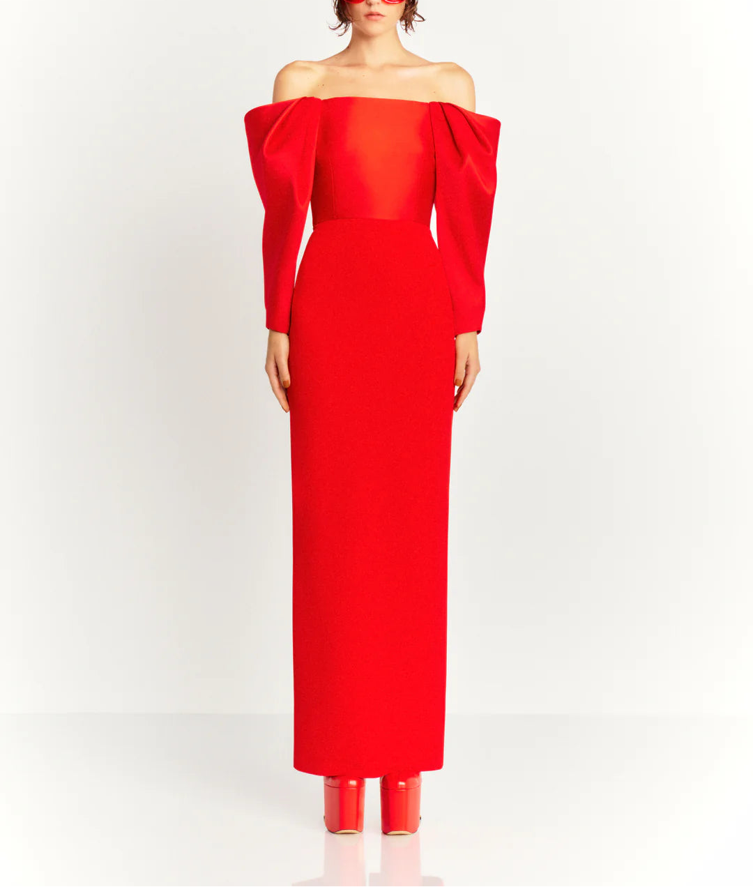 off-shoulder column dress with sculpted draped sleeves – MELINA