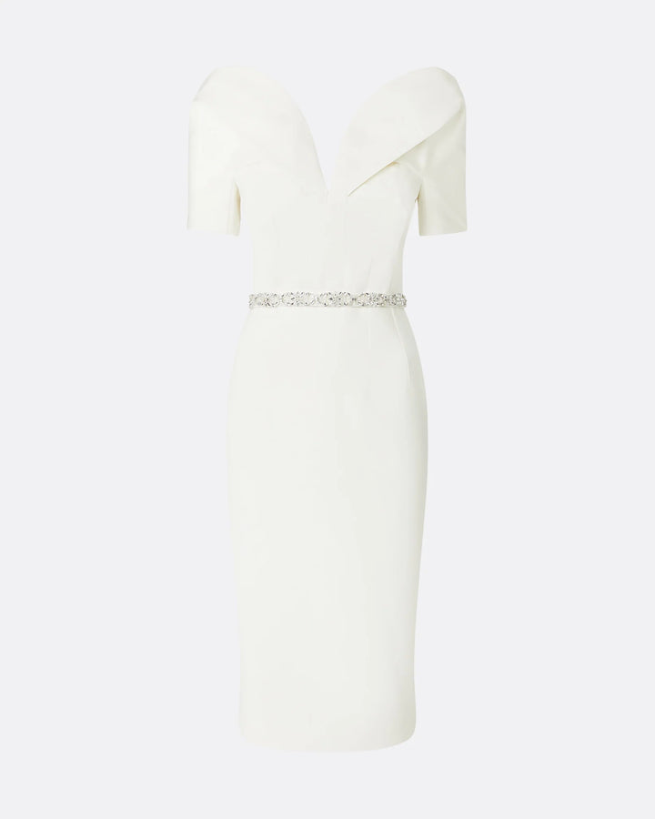 Off-the-shoulder midi dress with embellished waist -Linda