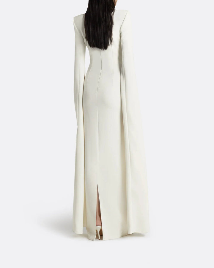Long-sleeve column dress with embellished neckline and slit cape - Isabella