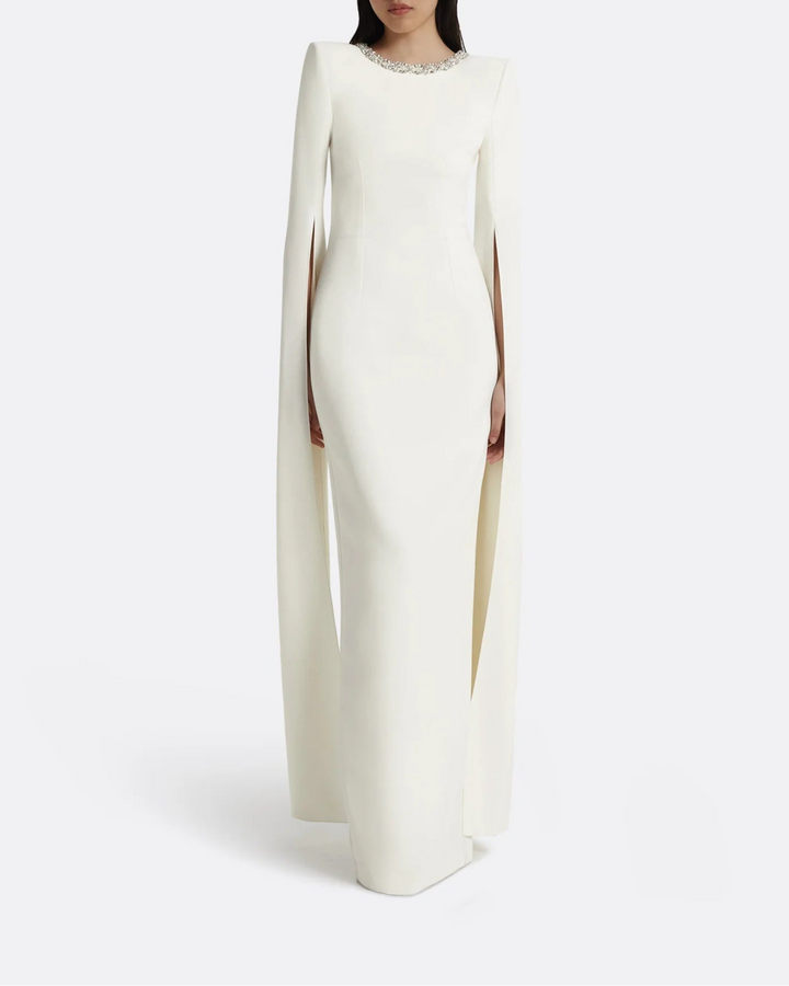 Long-sleeve column dress with embellished neckline and slit cape - Isabella
