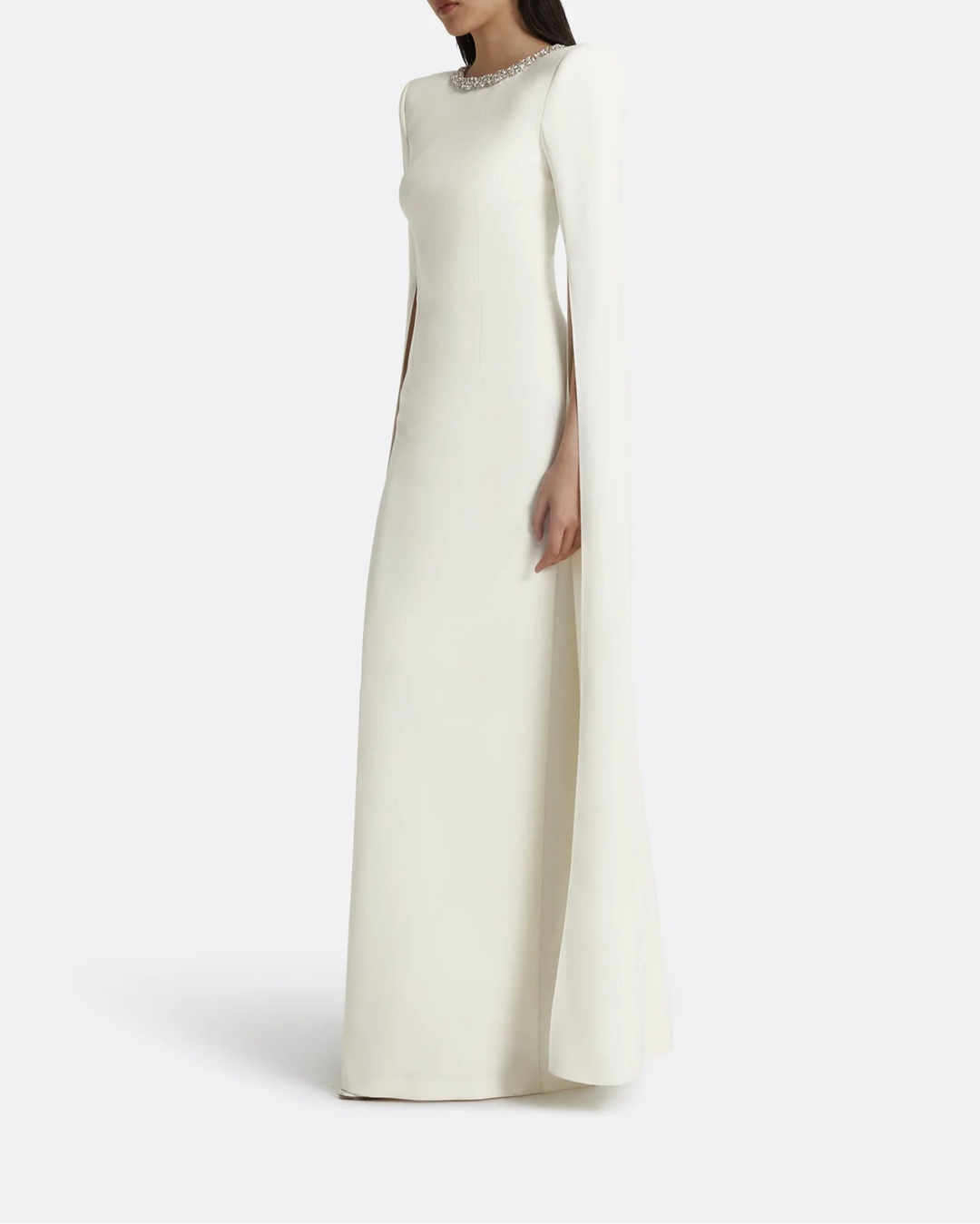 Long-sleeve column dress with embellished neckline and slit cape - Isabella