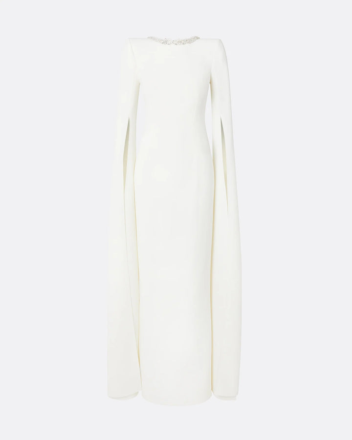Long-sleeve column dress with embellished neckline and slit cape - Isabella