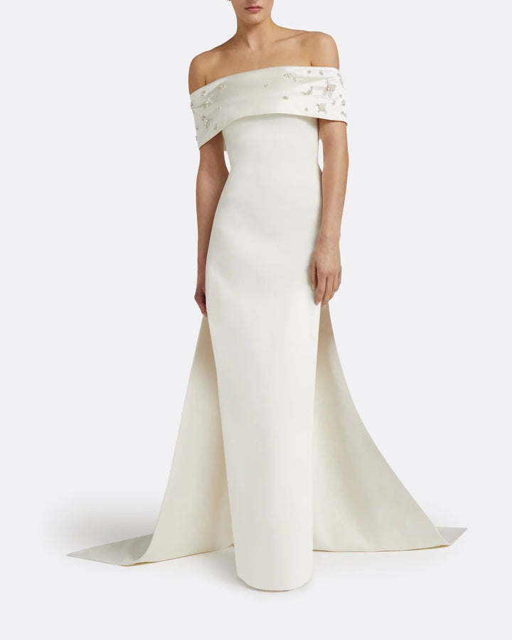 Off-shoulder column dress with embellished cape - Cary