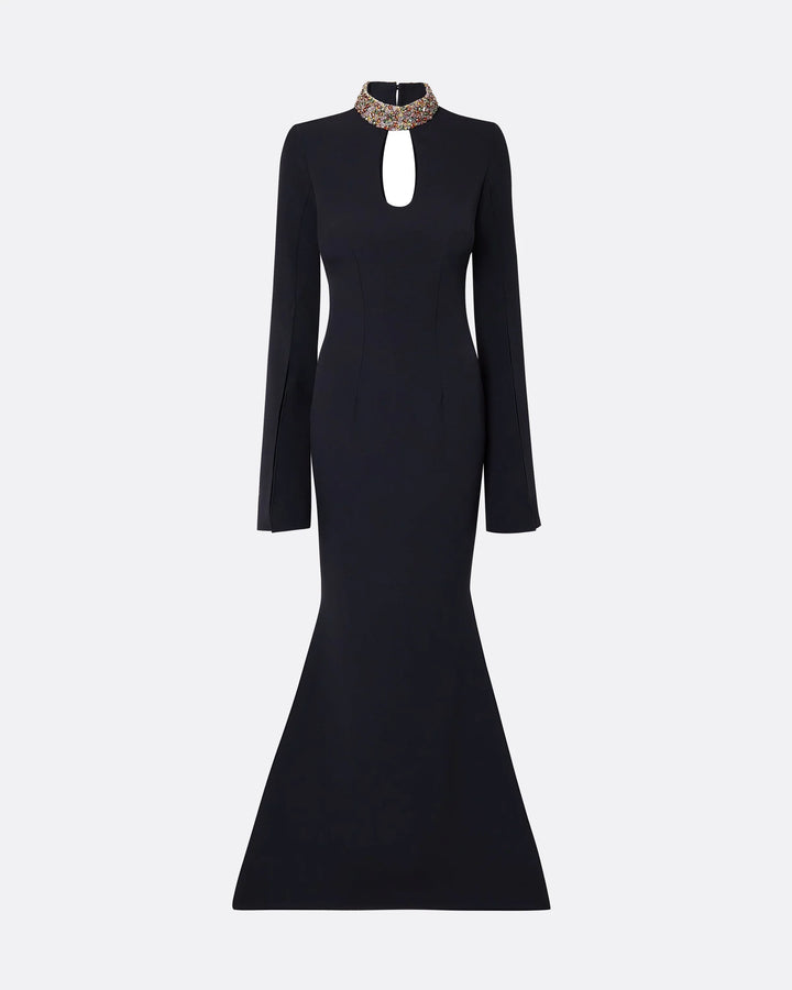 cape-sleeve mermaid gown with jeweled collar – NOCTURNE