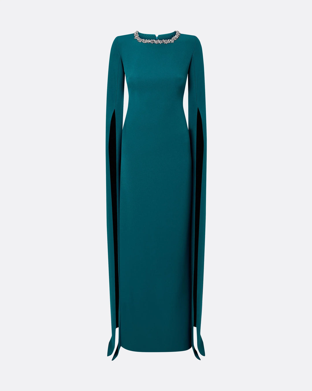emerald column gown with crystal-trimmed cape sleeves – SERIIN