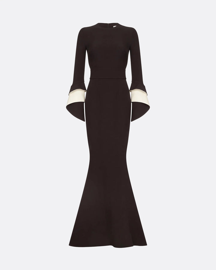 long-sleeve fishtail gown with contrast cuff flares – NOLED