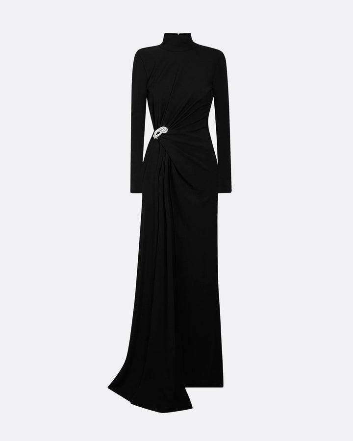 high-neck draped gown with crystal brooch – SERENA