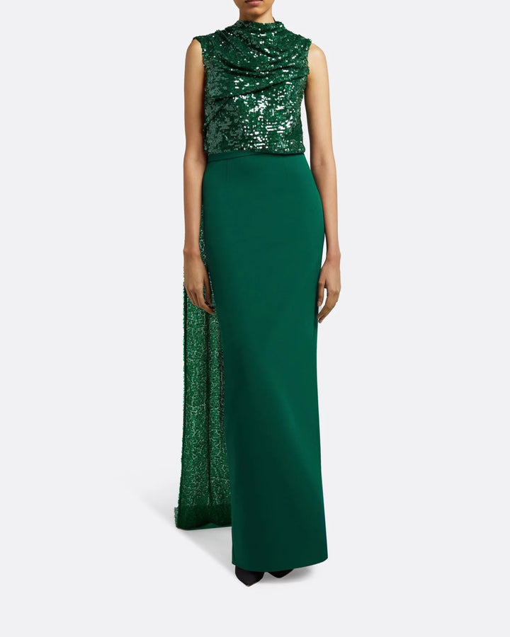 Sequined one-shoulder column dress with draped cape - Adora