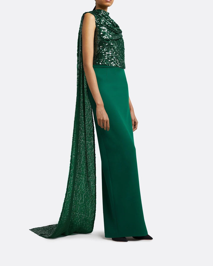 Sequined one-shoulder column dress with draped cape - Adora