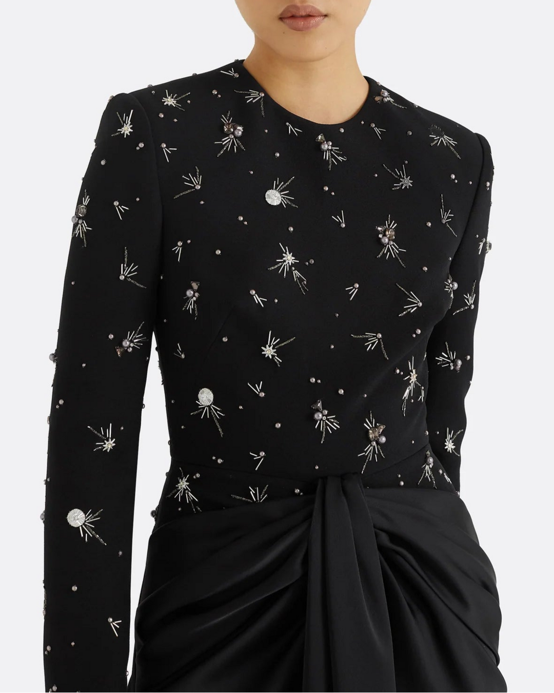 Embellished Long-Sleeve Draped Gown - MIDNIGHT-1