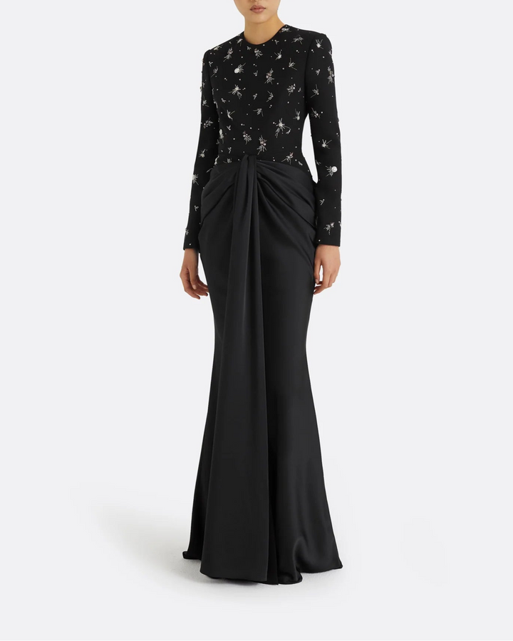 Embellished Long-Sleeve Draped Gown - MIDNIGHT-1