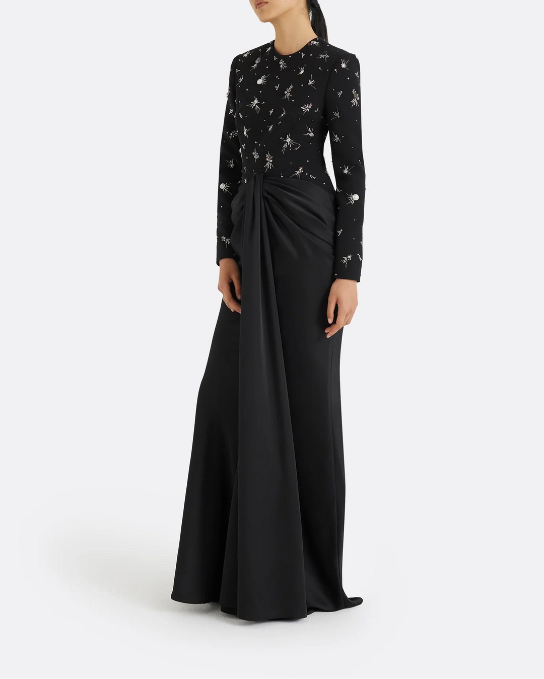 Embellished Long-Sleeve Draped Gown - MIDNIGHT-1
