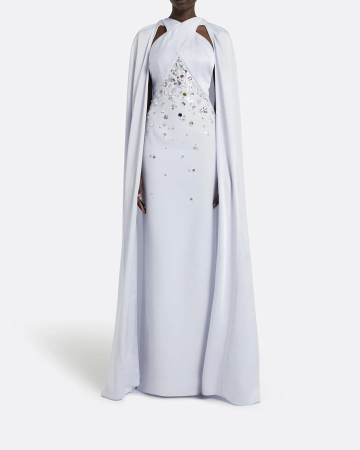 Sleeveless column dress with embellished bodice and loose cape - Lauren