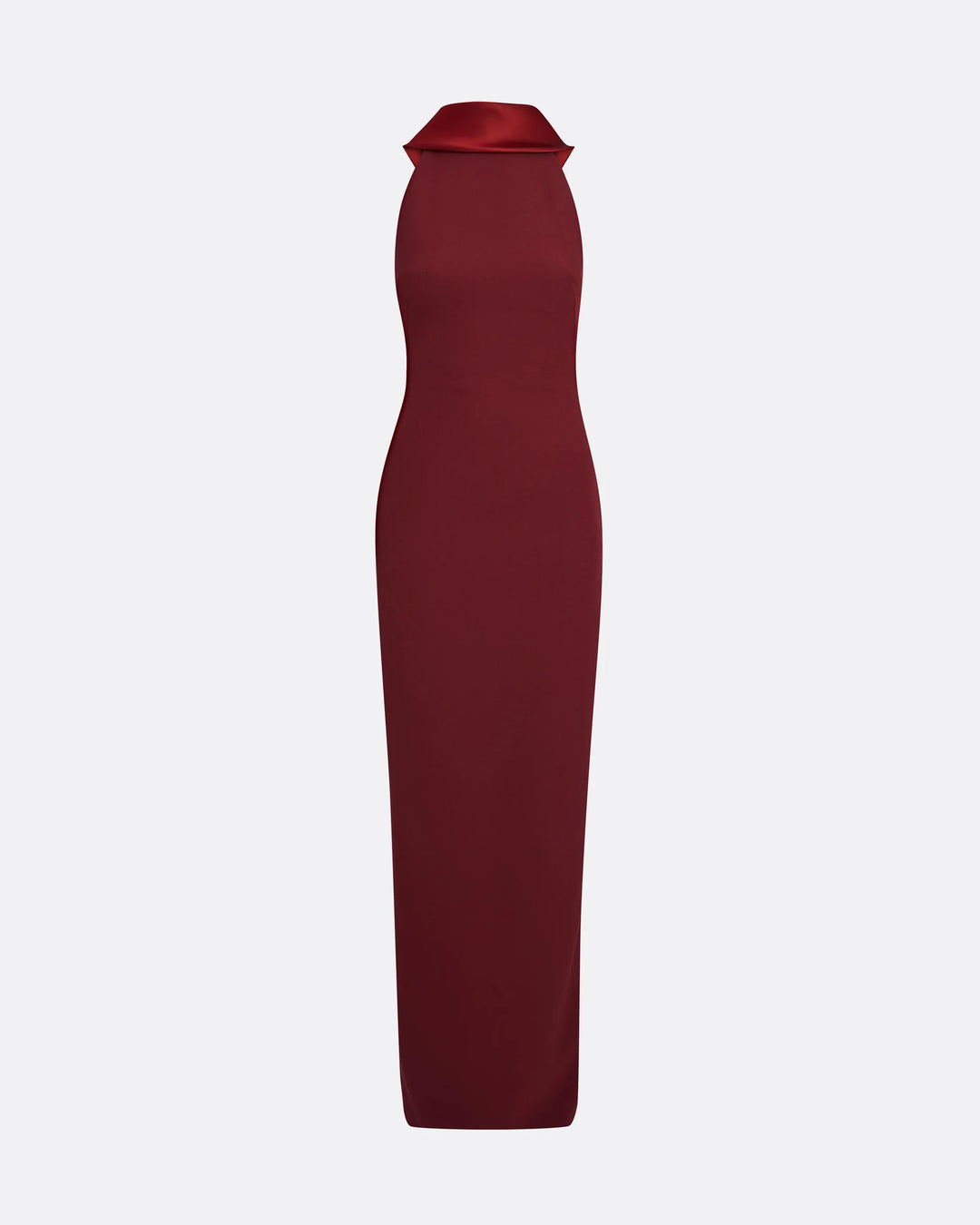 halter-neck column gown with folded collar – MERLOT