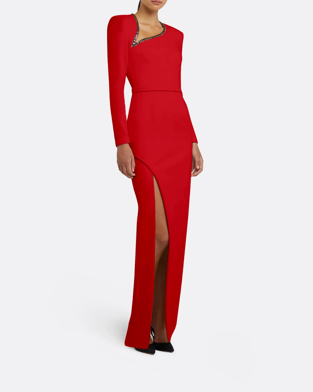 asymmetric embellished-neck gown with high slit – FIORA
