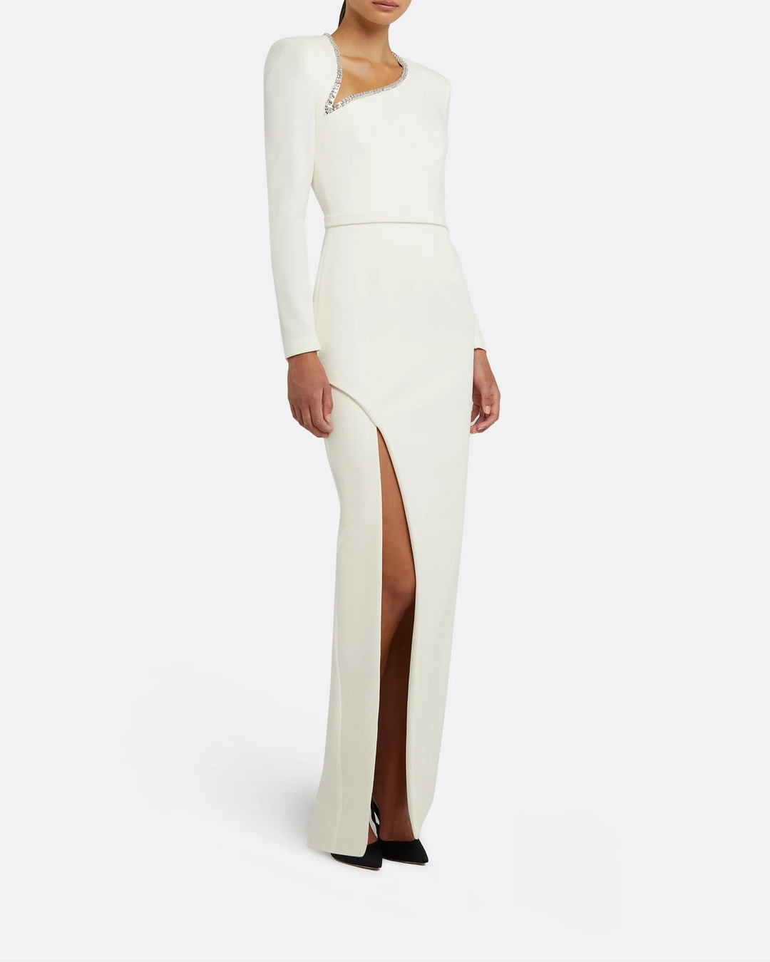 asymmetric embellished-neck gown with high slit – FIORA