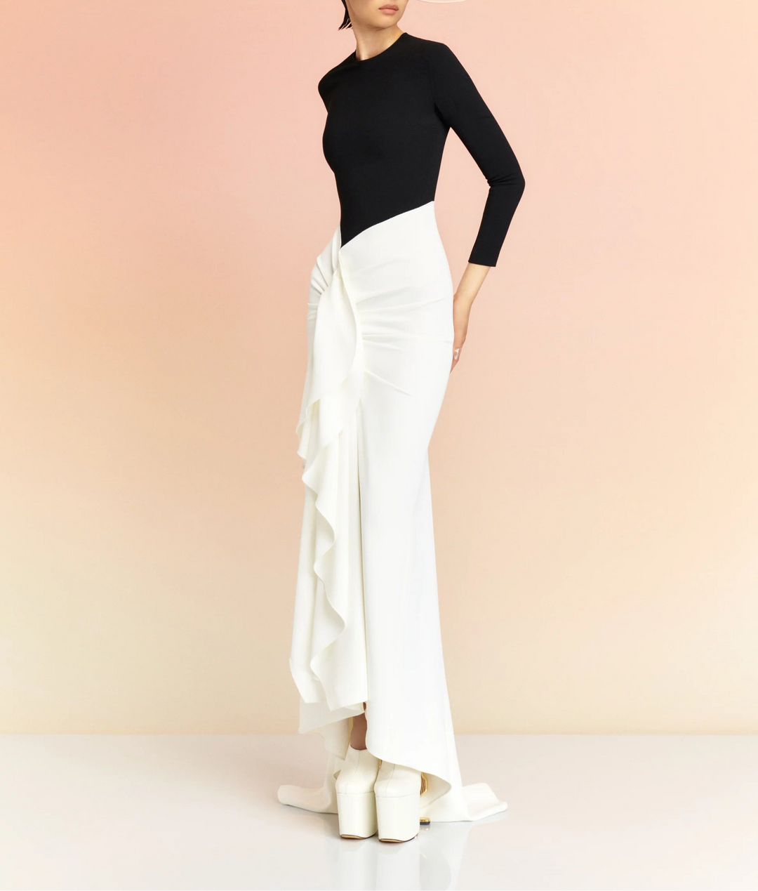 long-sleeve mermaid dress with cascading side ruffle – NIA