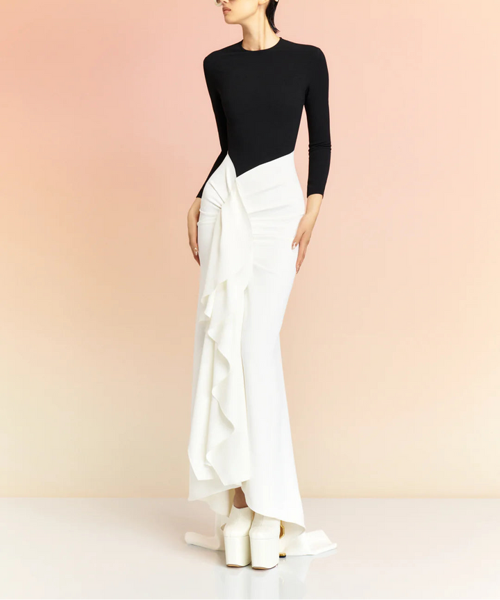 long-sleeve mermaid dress with cascading side ruffle – NIA