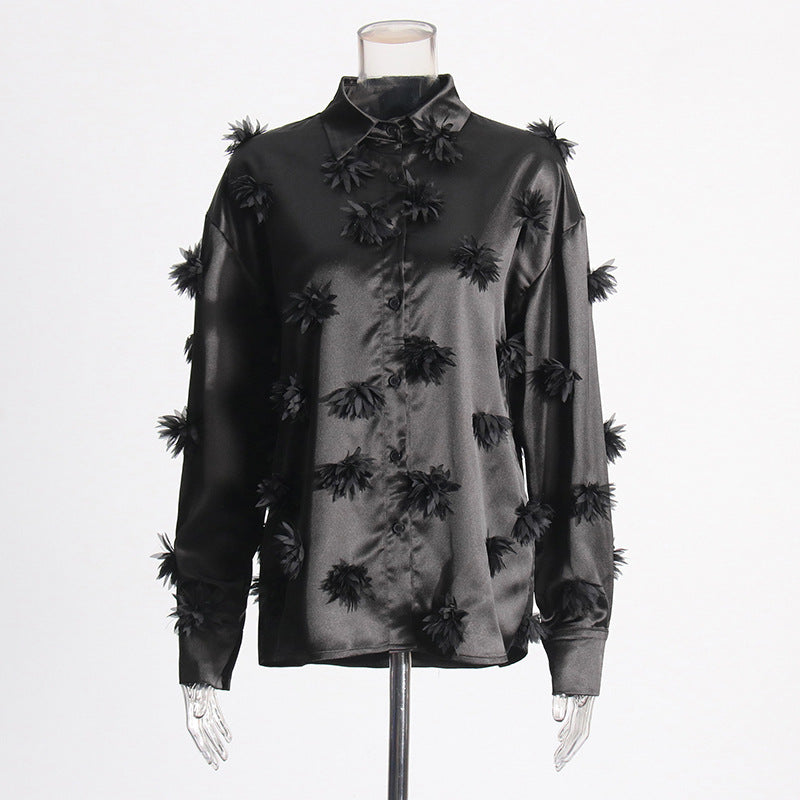 long sleeve satin shirt with floral appliqué details – NOIR