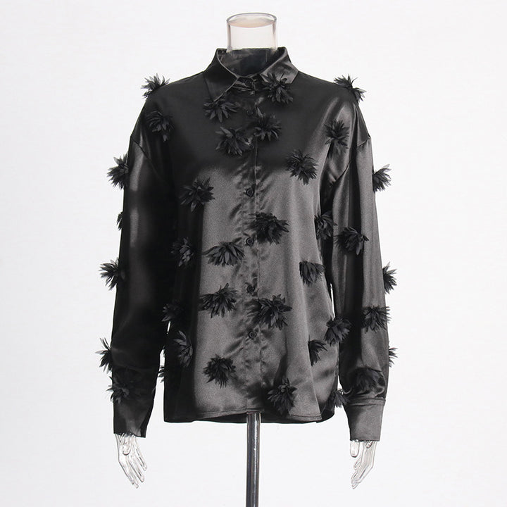 long sleeve satin shirt with floral appliqué details – NOIR