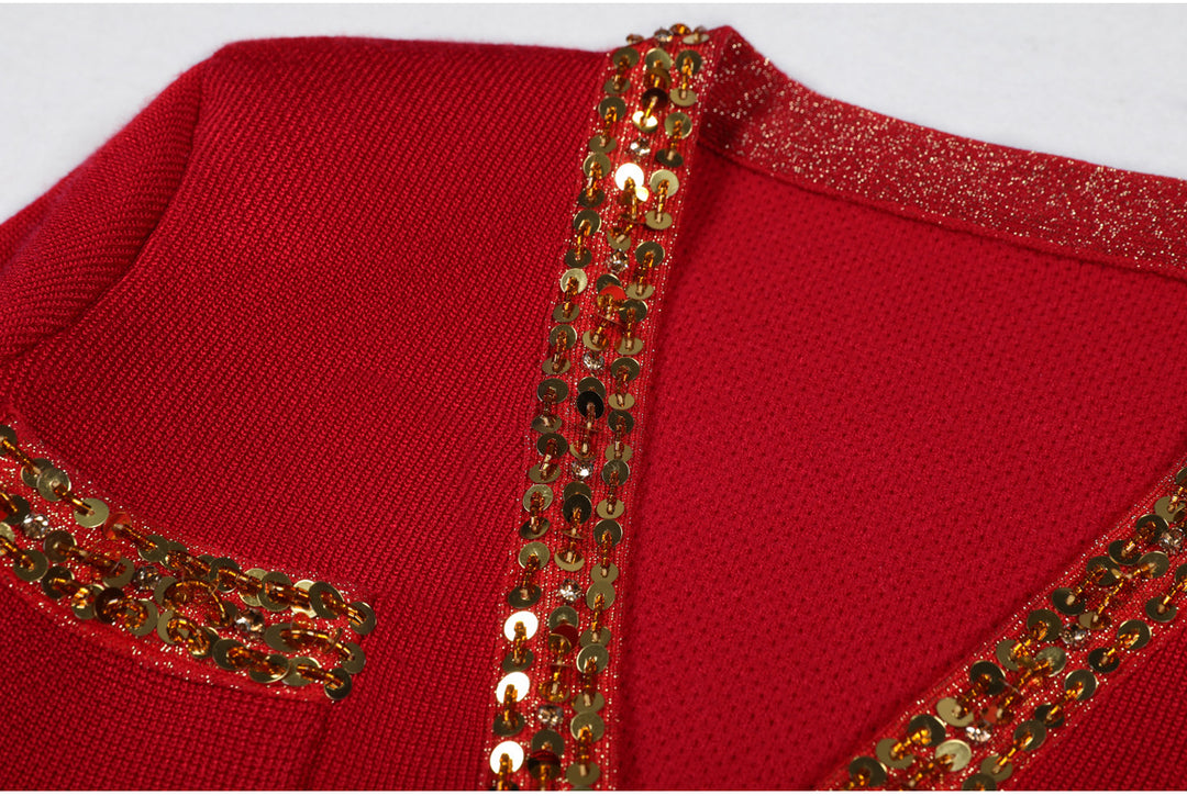 فستان قصير بأكمام طويلة مع حواف من الترتر وزخارف نباتية – كوليتيج