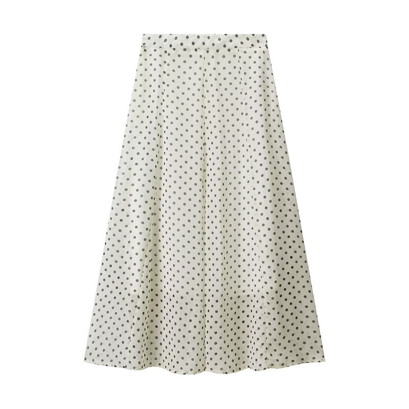 polka dot blouse and flowing midi skirt set with tie-neck – NOIR