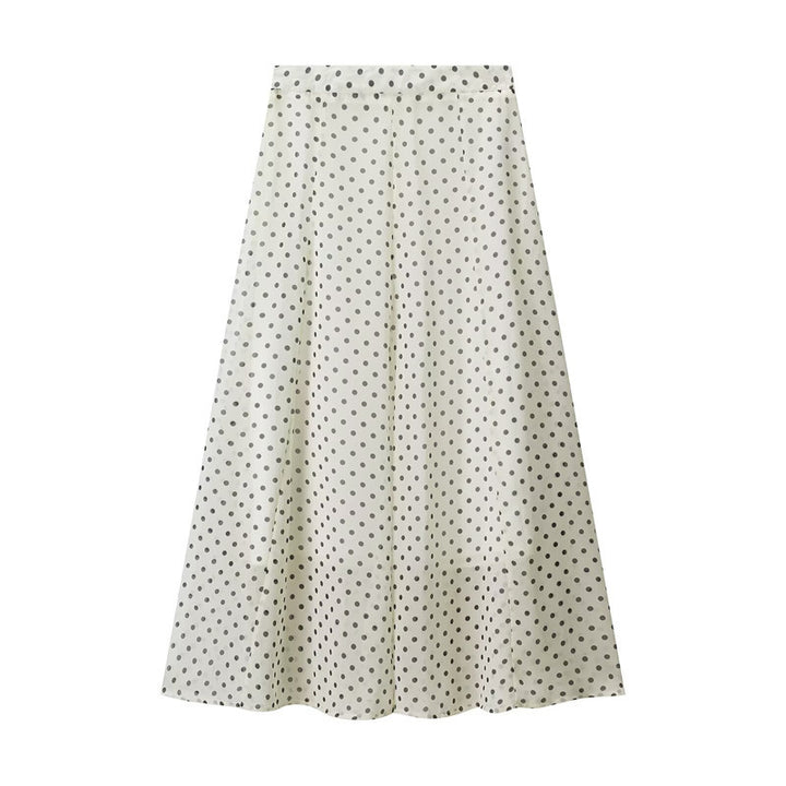 polka dot blouse and flowing midi skirt set with tie-neck – NOIR