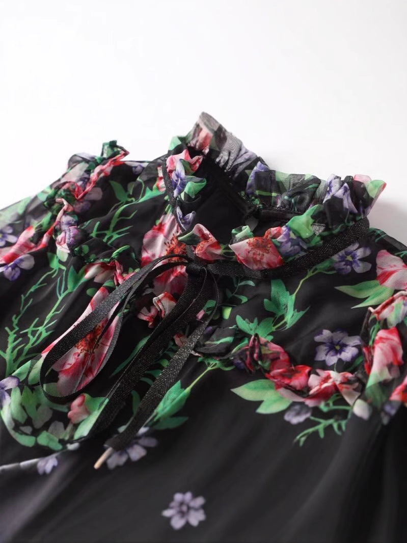 chiffon midi dress with floral print and bow neck – FLORA