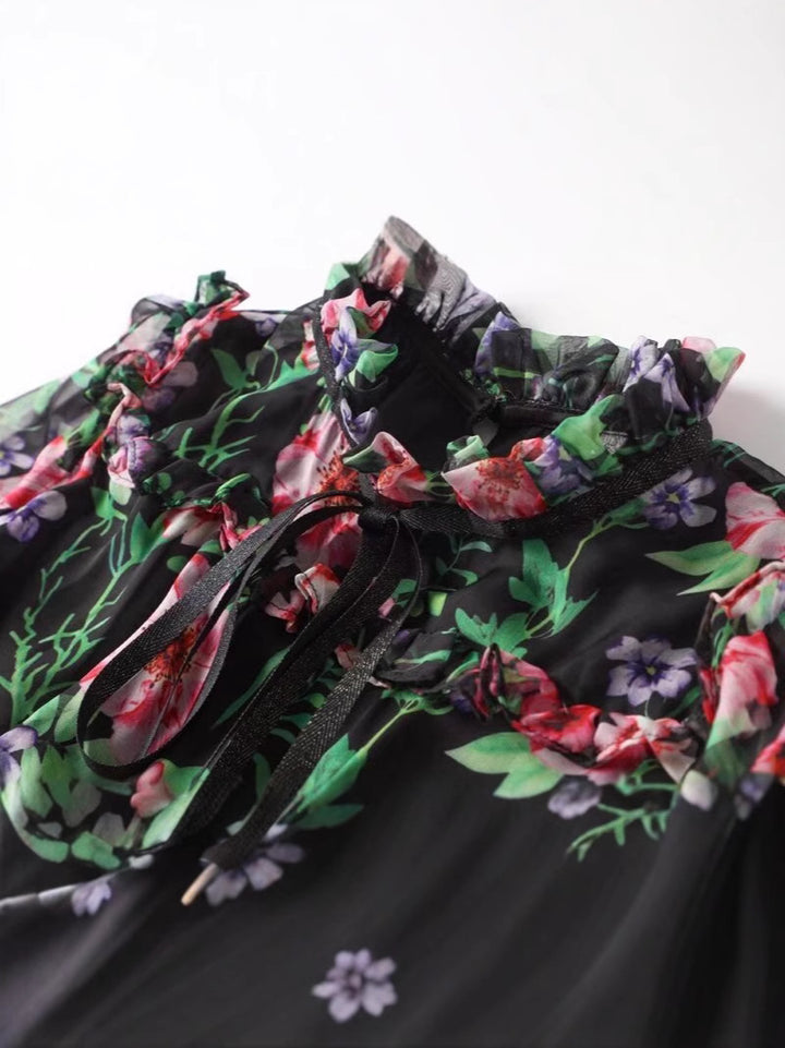 chiffon midi dress with floral print and bow neck – FLORA