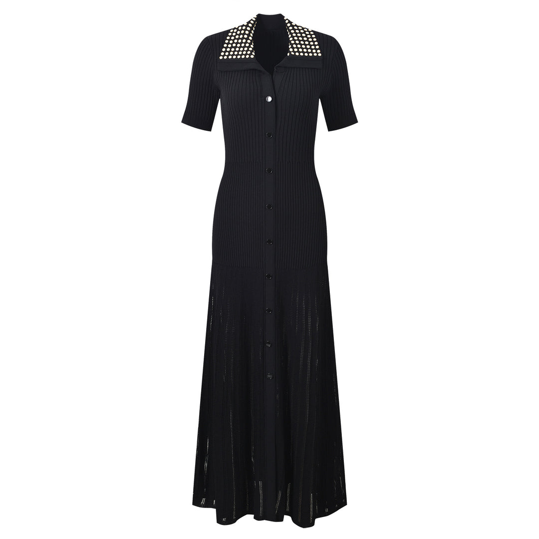 Button-Front Ribbed Knit Maxi Dress with Studded Collar – ÉCLAT