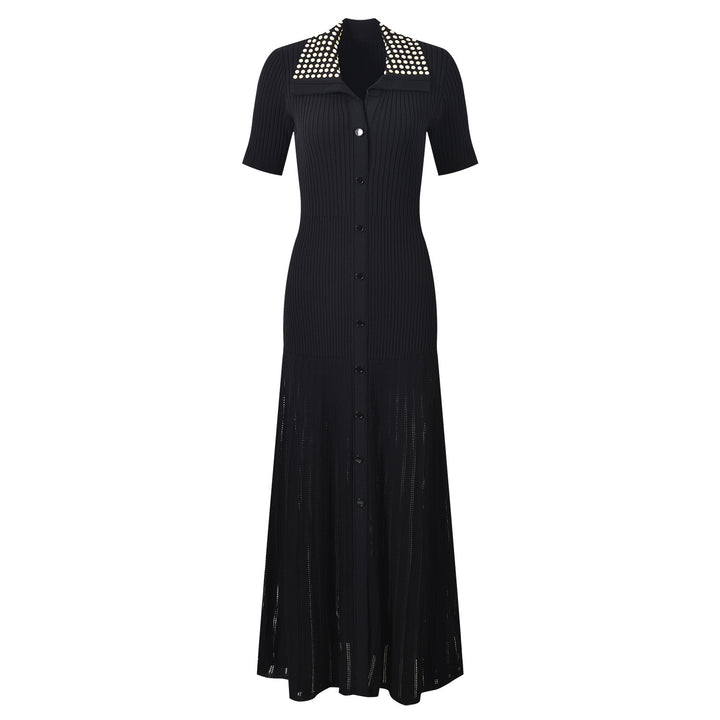 Button-Front Ribbed Knit Maxi Dress with Studded Collar – ÉCLAT