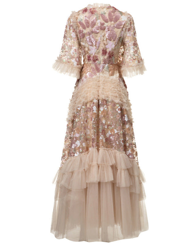 embroidered layered tulle dress with flounce hem - MAELZE