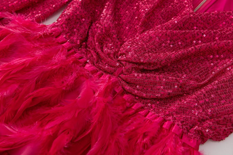 long sleeve sequin mini dress with feathered skirt - SORAYDA