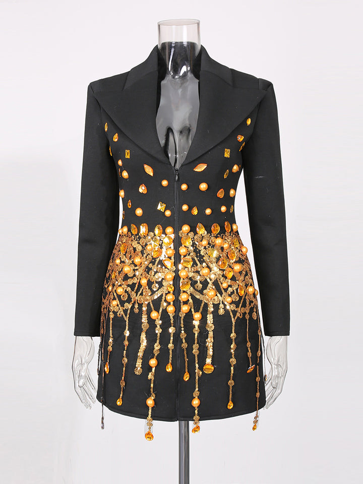 embellished blazer mini dress with crystal drape – SYFAN