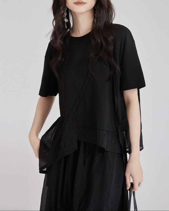 asymmetric cotton T-shirt with layered mesh panel – HARUX