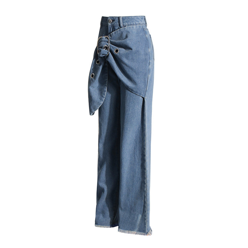 high-waist wide leg denim pants with wrap buckle detail – INDIGO
