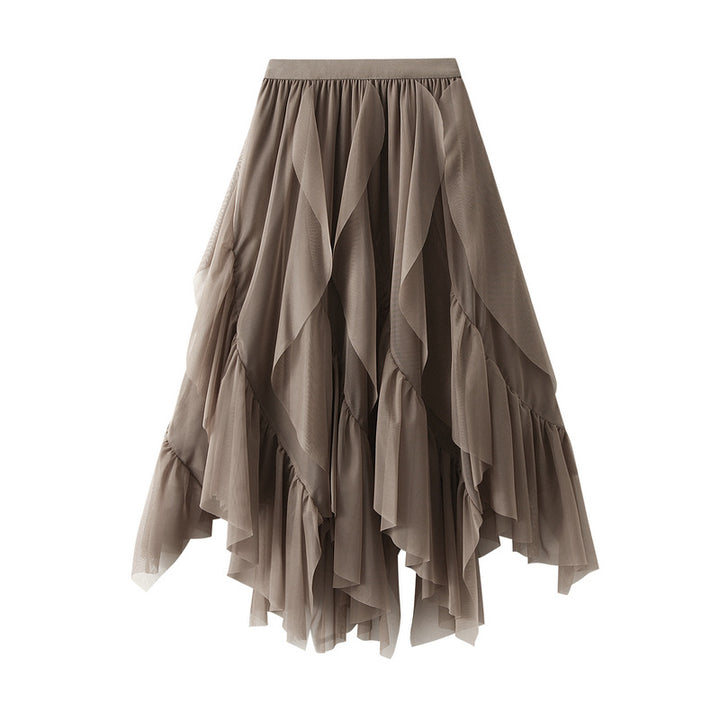 Asymmetrical ruffled mesh skirt with waterfall layers – Apilu