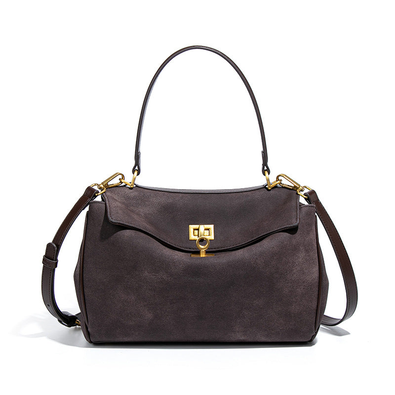 Slate Suede Shoulder Bag with Gold Lock – VÉRONA