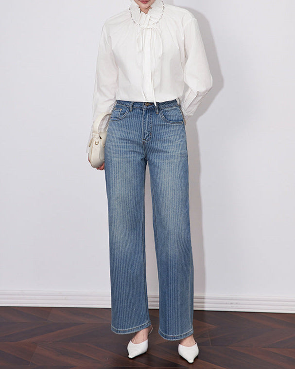 long-sleeve blouse with ruffled tie neckline – ESMÉZA