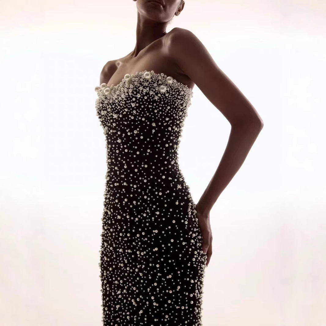 strapless column gown with pearl and crystal embellishments – AUROQSU