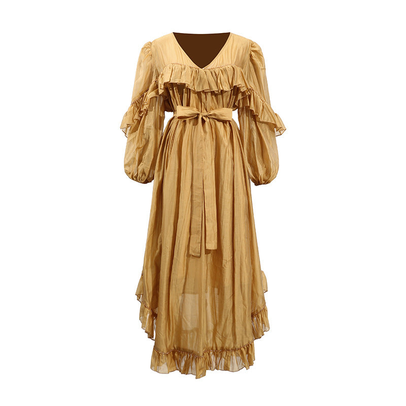 Ruffled Chiffon Midi Dress with Waist Tie – LILACYN