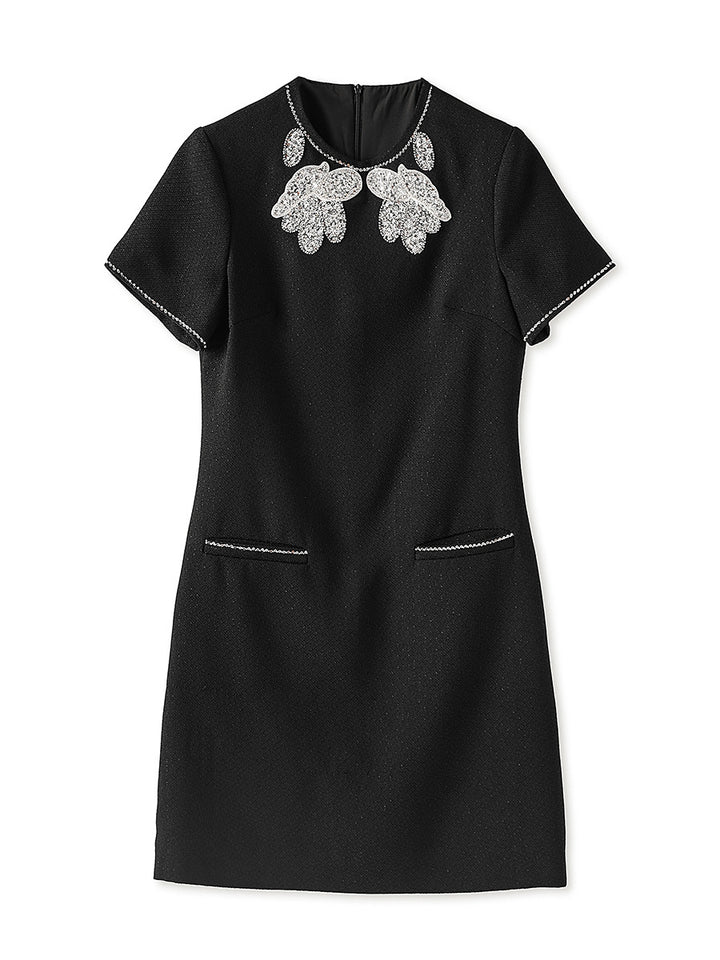 short sleeve A-line dress with floral crystal embroidery - STELLAV