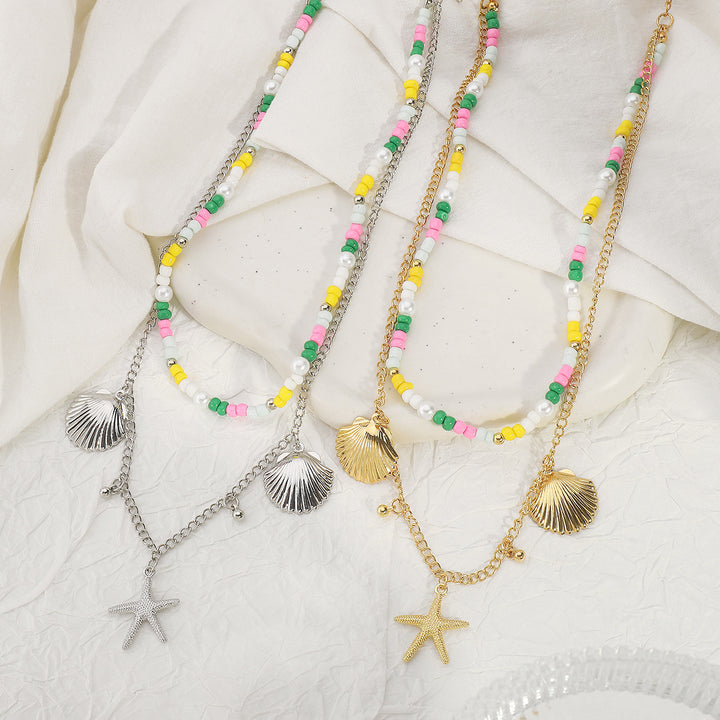 beaded layered necklace with starfish and shell charms - CORALIANA